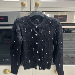 River Island Black Fuzzy Cardigan with White Accents